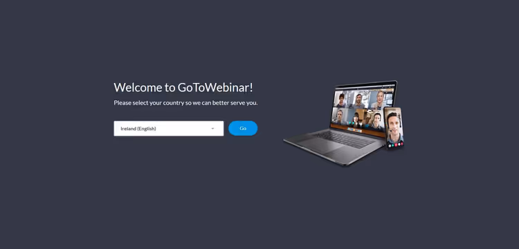 GoToWebinar velkomstskjerm med regionsvalg