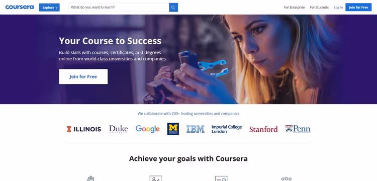 Courseras startsida med kurskatalog från universitet