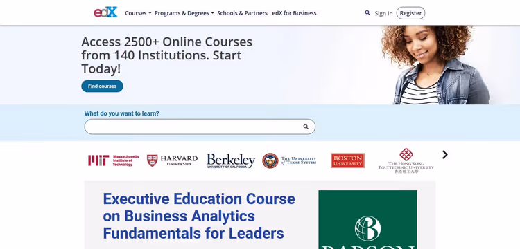 edX-plattformen med katalog över akademiska kurser från MIT och Harvard
