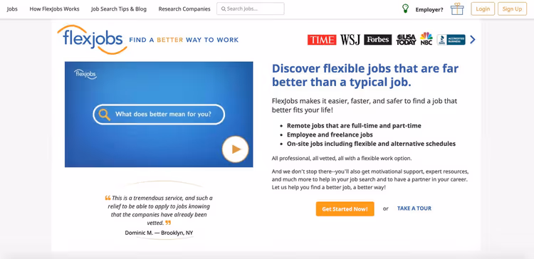 Homepage di FlexJobs con ricerca di lavoro da remoto