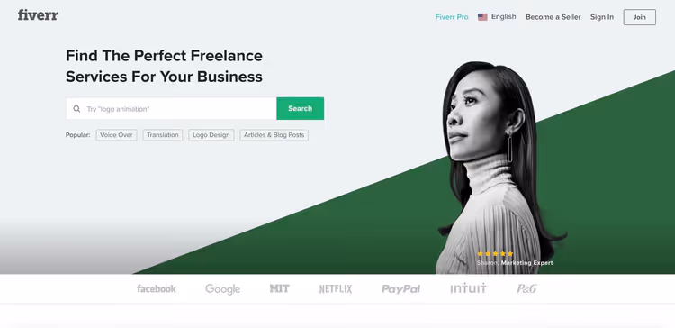 Pagina gig su piattaforma Fiverr con categorie di servizi