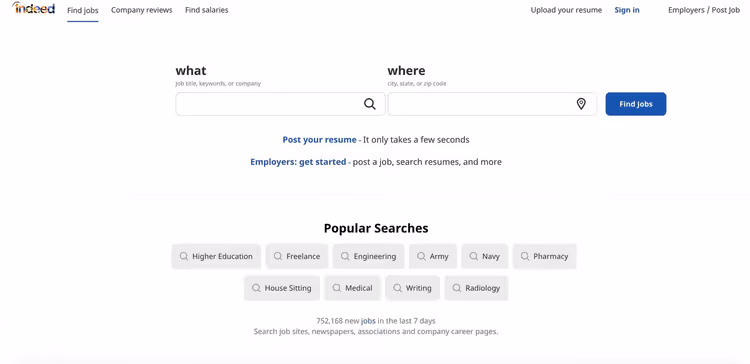 Ricerca lavoro su Indeed con filtri per tipo di impiego