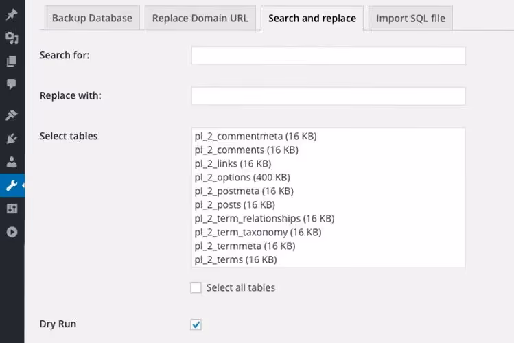 Better Search Replace search and replace interface in WordPress