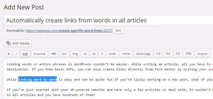 PHP code for automatic link insertion in WordPress