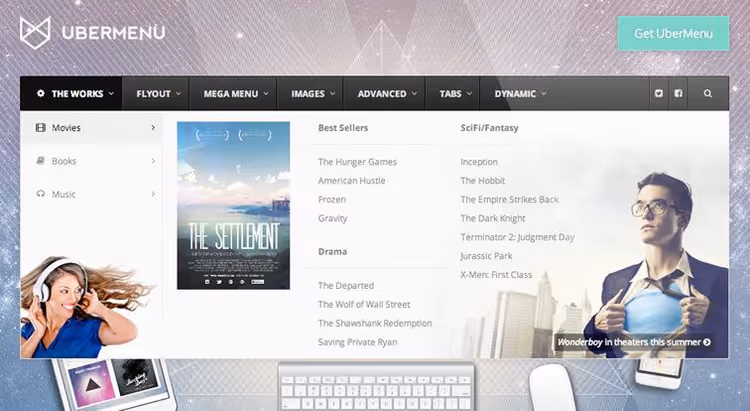 Interfejs kreatora megamenu UberMenu z budowniczym struktury menu
