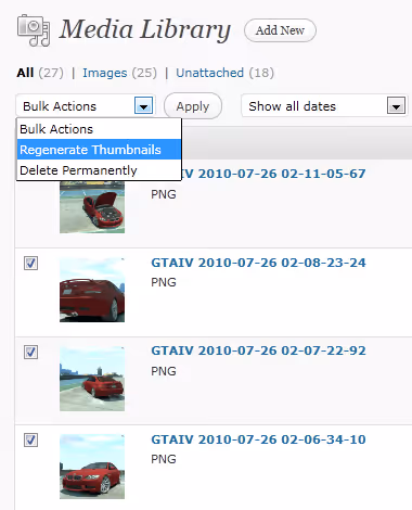 Oberfläche des Regenerate Thumbnails-Plugins für Stapelverarbeitung