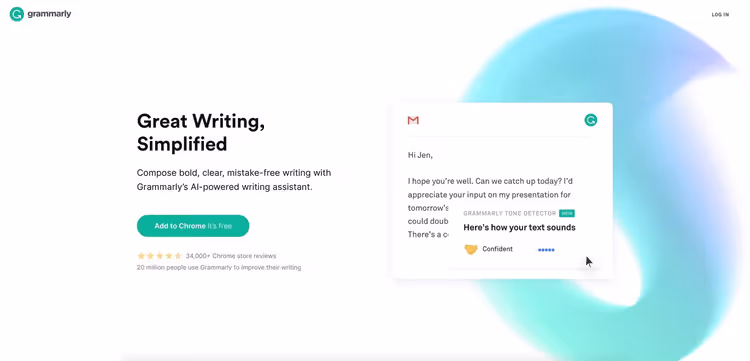 Editor en línea Grammarly con resaltado de errores y sugerencias contextuales