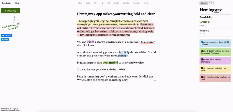 Hemingway App, editor para textos claros, directos y legibles