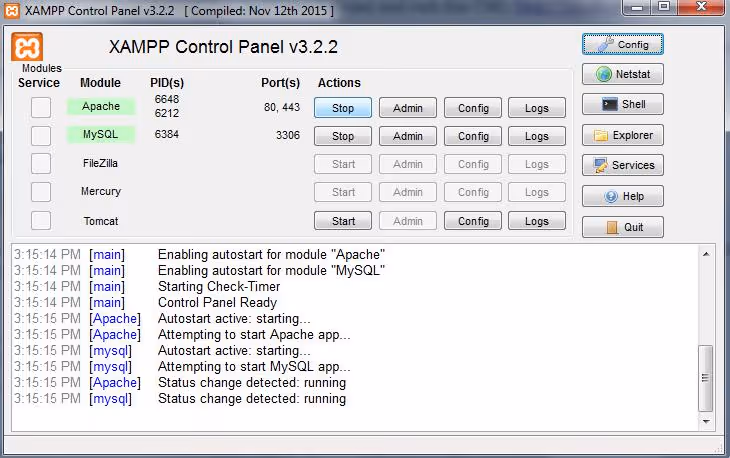 XAMPP-Systemsteuerung mit laufenden Apache- und MySQL-Diensten