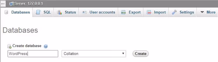 Datenbankerstellungsfenster in phpMyAdmin für WordPress