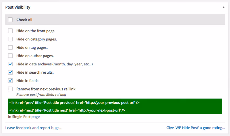 WP Hide Post Plugin-Metabox mit Sichtbarkeits-Checkboxen für Startseite, Kategorien und Suche