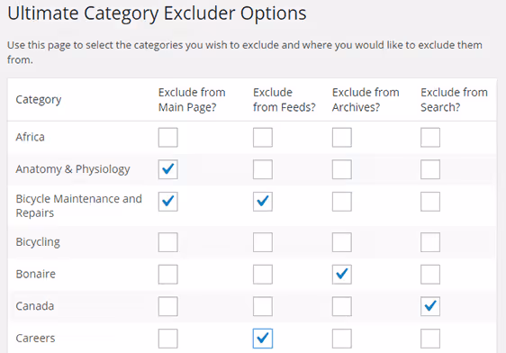 Einstellungsseite des Ultimate Category Excluder Plugins mit Checkboxen zum Ausschließen von Kategorien