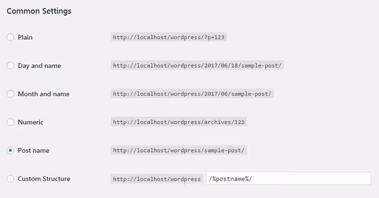 WordPress permalink-innstillingsside