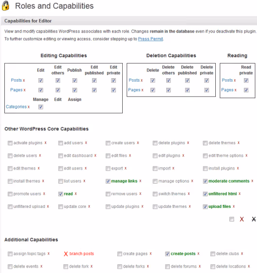 Interfaccia di configurazione permessi Capability Manager Enhanced