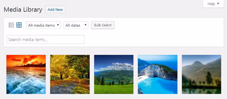 WordPress media library overview in grid mode