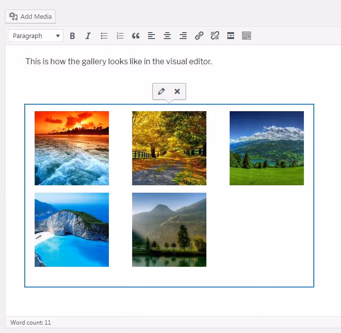 WordPress image gallery creation interface
