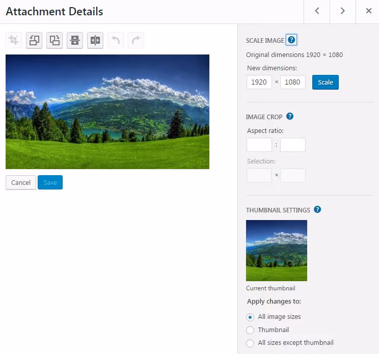 WordPress built-in image editor with cropping tools