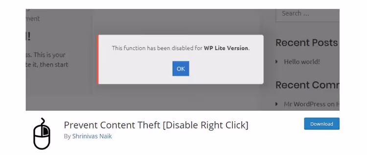 Page de l'extension Prevent Content Theft sur WordPress.org