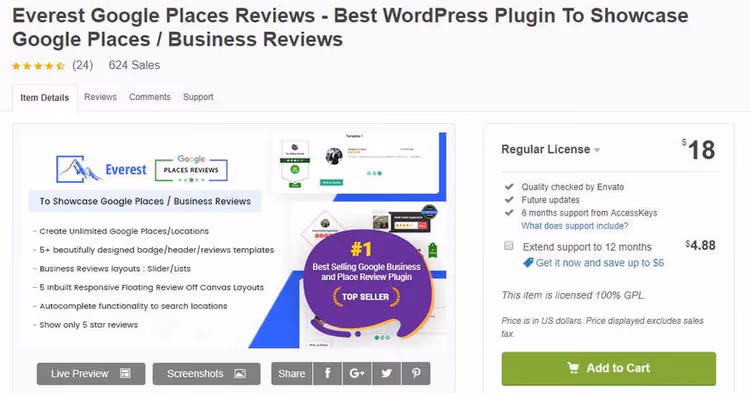 Everest Google Places Reviews -liukusäädinkomponentti viidellä tähdellä