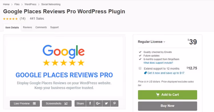 Google Places Reviews Pro -widget yrityksen arvosanalla