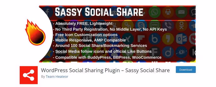 Sassy Social Share: jakopainikkeet yli 100 sosiaaliseen verkostoon, mukaan lukien WhatsApp