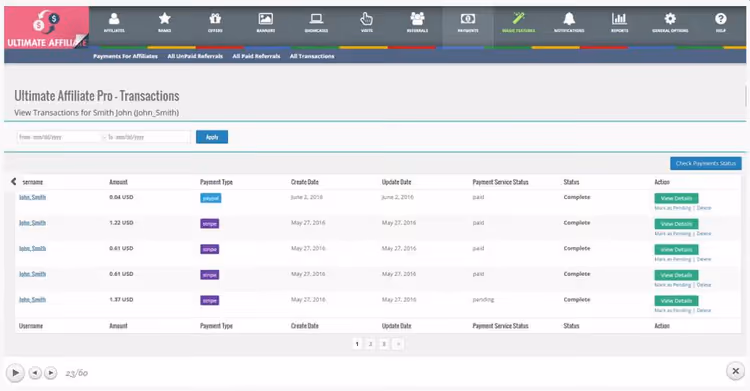 Pannello di gestione principale di Ultimate Affiliate Pro