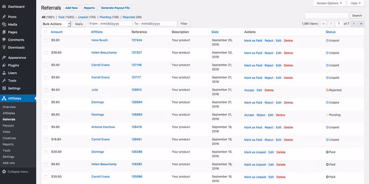 Dashboard del programma di affiliazione di AffiliateWP nell'amministrazione di WordPress