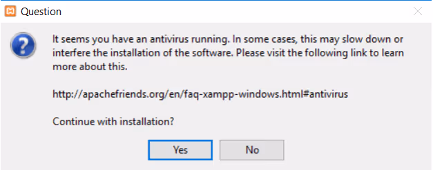 Avviso dell'antivirus durante l'installazione di XAMPP