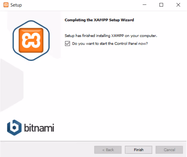 Installazione di XAMPP completata con opzione di avvio del pannello di controllo