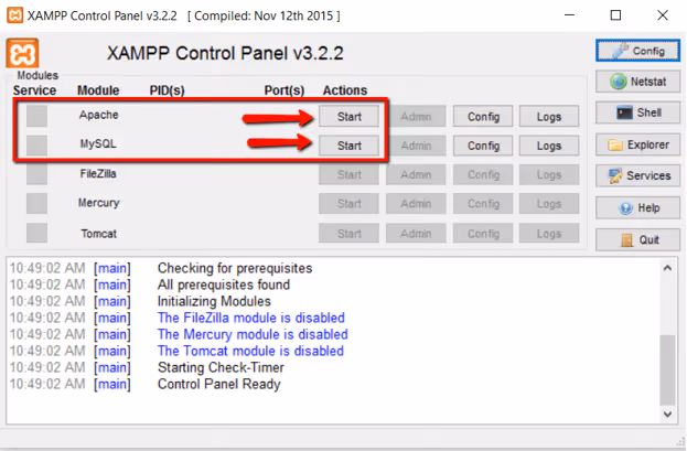Pannello di controllo di XAMPP con pulsanti di avvio moduli