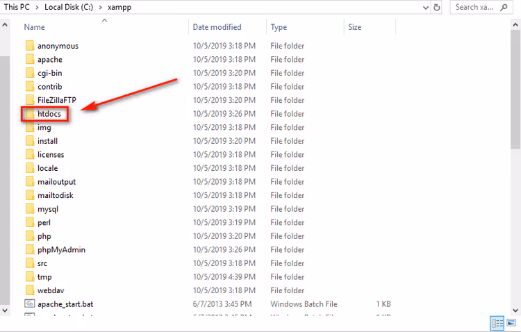 Cartella htdocs nella directory di XAMPP