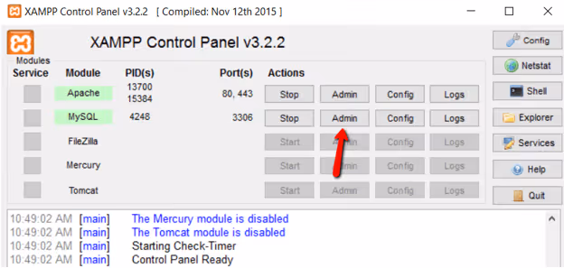 Pulsante Admin per phpMyAdmin nel pannello di XAMPP