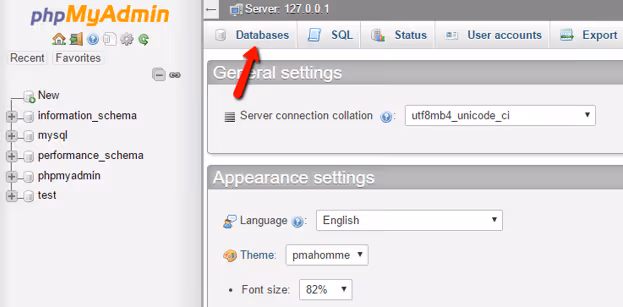 Scheda Database nell'interfaccia di phpMyAdmin