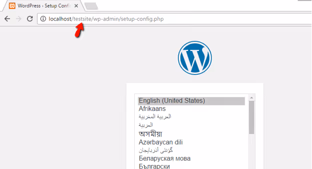 Schermata di selezione della lingua durante l'installazione di WordPress