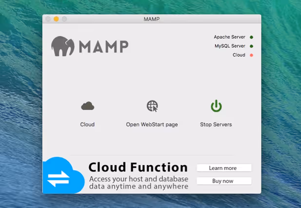 Finestra principale di MAMP con il pulsante di avvio del server