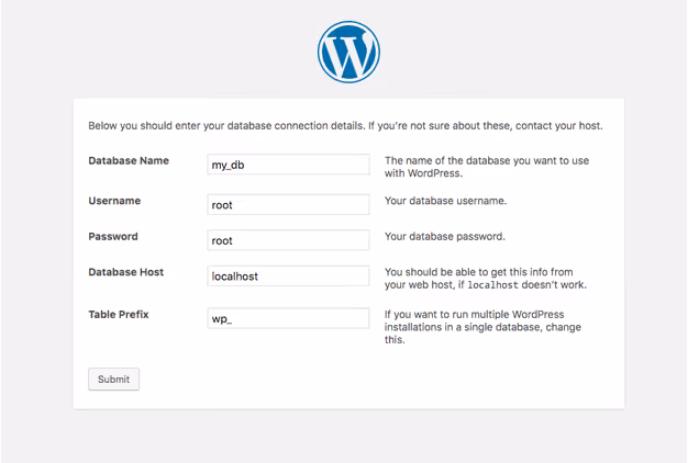 Modulo dei dettagli del database di WordPress in MAMP