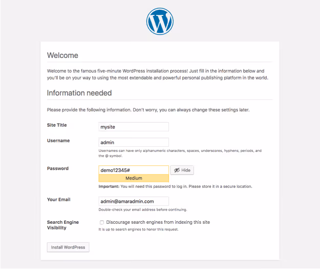 Compilazione delle informazioni del sito durante l'installazione di WordPress