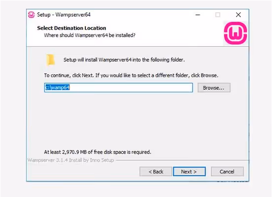 Programma di installazione di WampServer con selezione della directory
