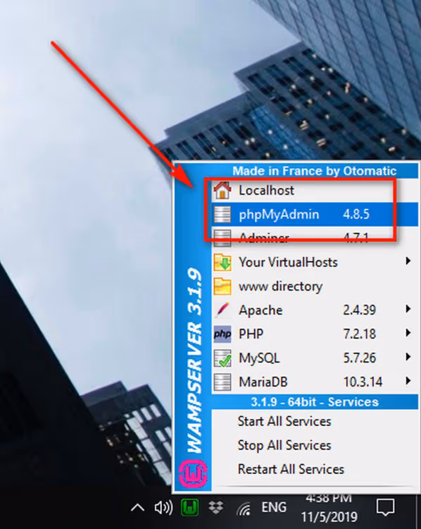 Menu contestuale di WAMP con selezione di phpMyAdmin