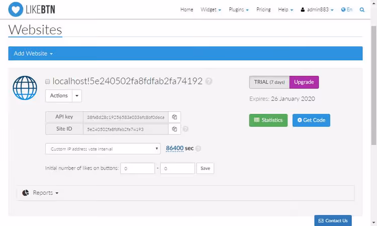 LikeBtn account registration to get API key