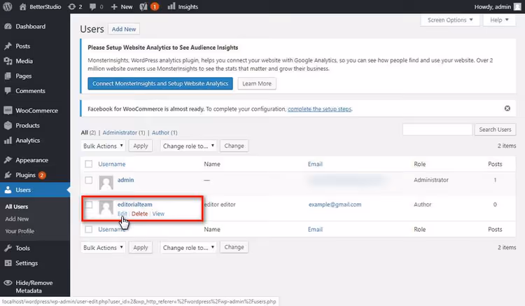 Editing user profile in WordPress