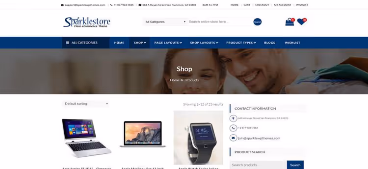 SparkleStore teema avaleht toodetega