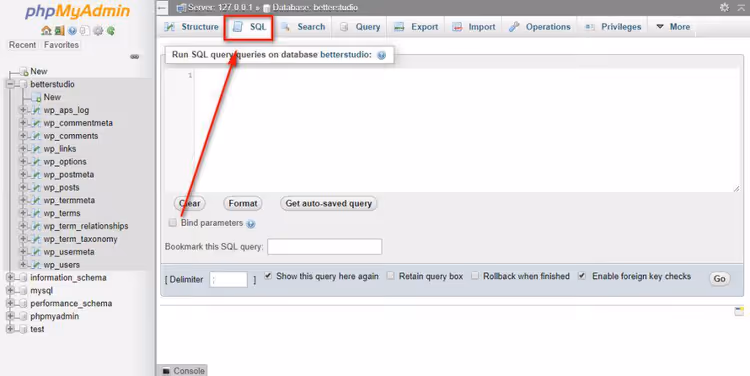 Janela de consulta SQL na interface do phpMyAdmin