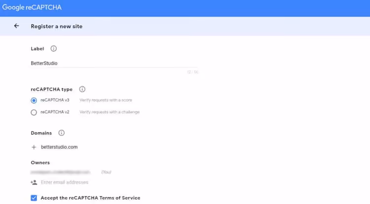 Site registration form in the Google reCAPTCHA Admin console
