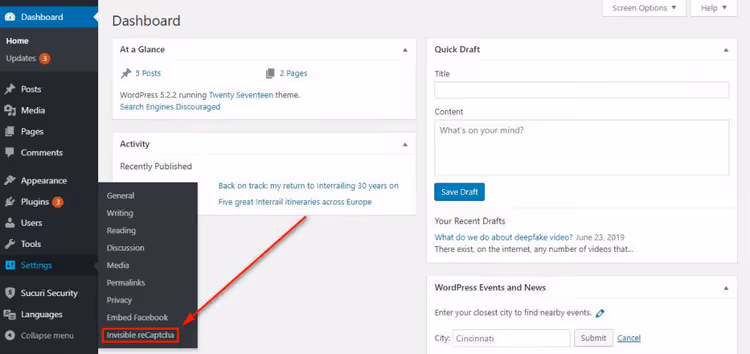 reCAPTCHA plugin settings tab in the WordPress admin panel