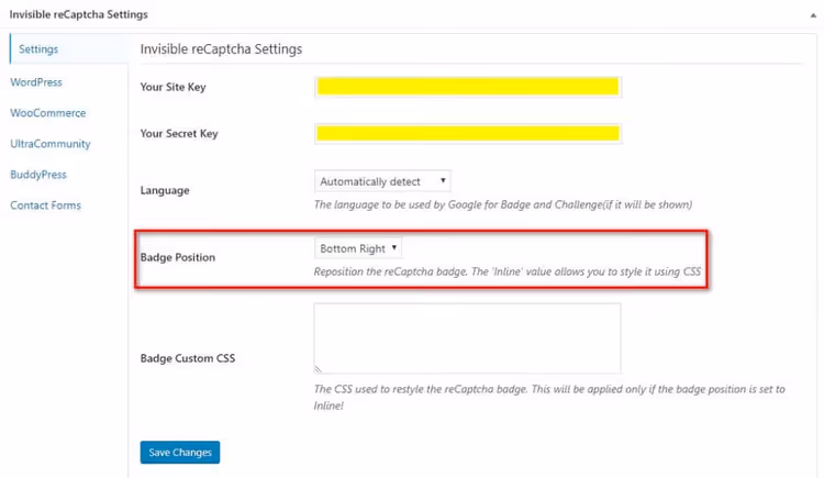 reCAPTCHA badge position settings: bottom right, bottom left, inline