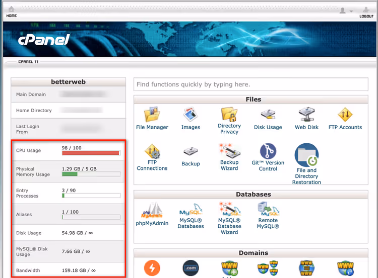 Levynkäyttöosio cPanel-hallintapaneelissa