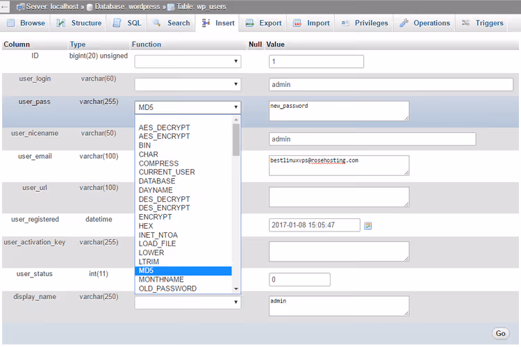Редактирование поля user_pass с выбором функции MD5 в phpMyAdmin