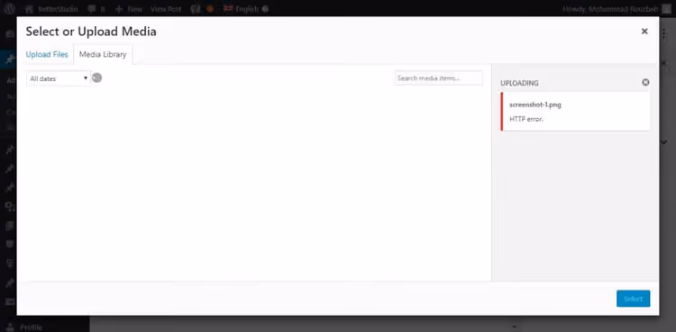 Typical HTTP error window in WordPress media library