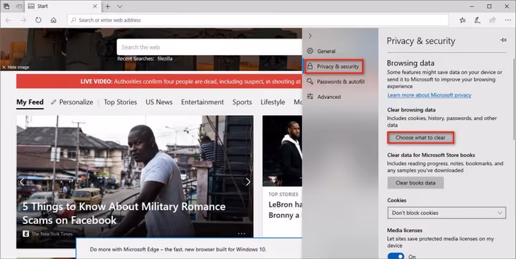 Selecting cached data to clear in Microsoft Edge